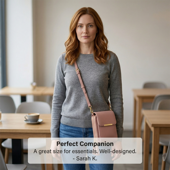 Frau in grauem Pullover und Jeans trägt die altrosa Crossbody-Tasche mit Quaste, mit eingeblendetem Kundenzitat im Café. 12