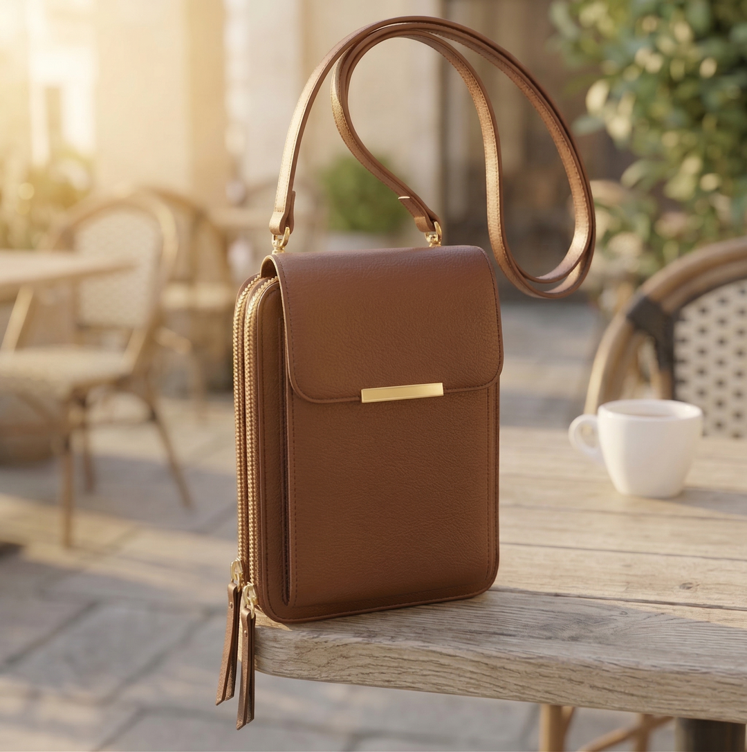 Die Handytasche in Cognacbraun mit goldenen Details und schmalem Riemen, auf einem Holztisch im Café-Ambiente. 4