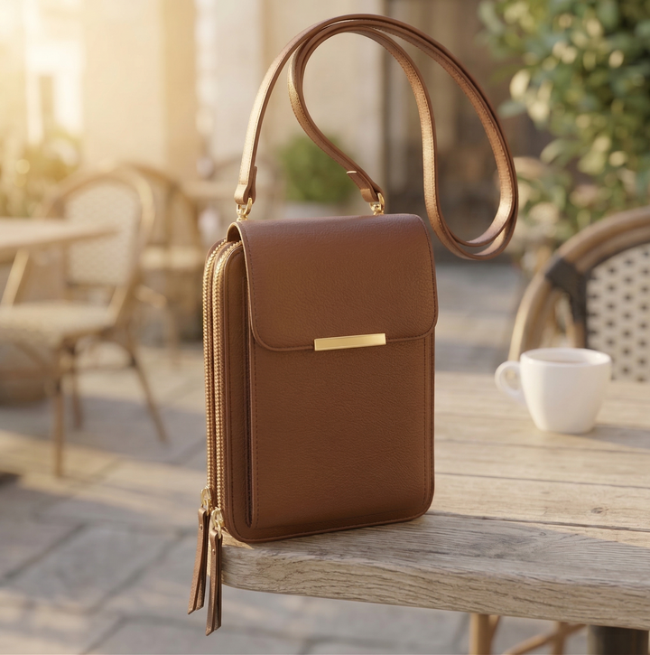 Die Handytasche in Cognacbraun mit goldenen Details und schmalem Riemen, auf einem Holztisch im Café-Ambiente. 4