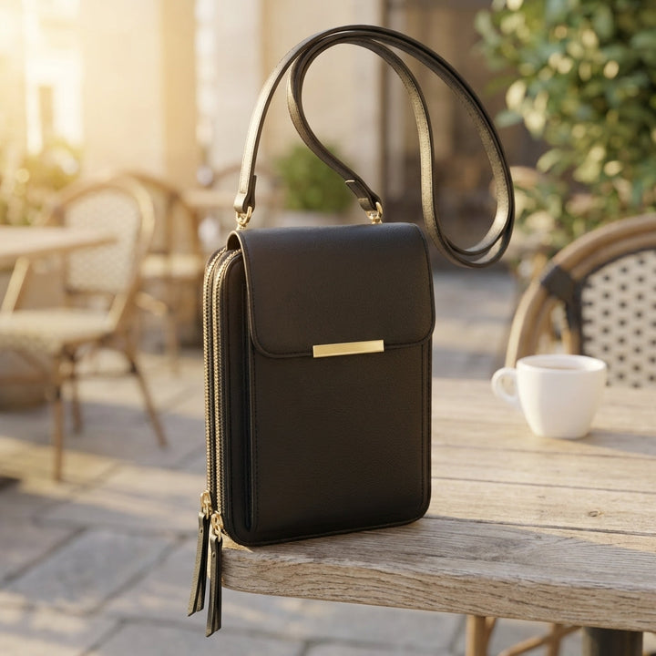 Schwarze Handytasche mit goldener Spange und langem Umhängeriemen auf einem Holztisch im Straßencafé, daneben eine weiße Tasse. 1