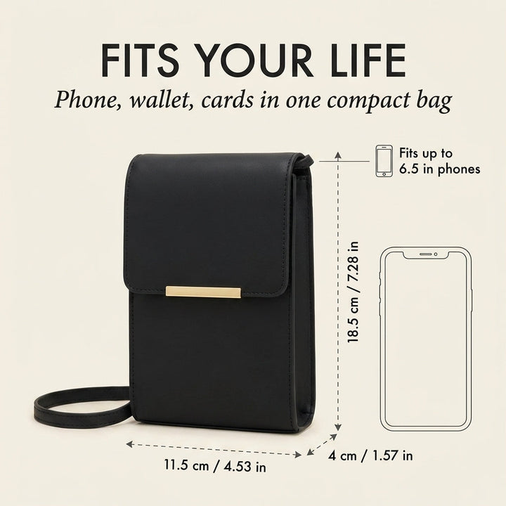 Schwarze Tasche mit eingezeichneten Maßen und Handy-Umriss, die zeigt, dass ein Smartphone samt Karten hineinpasst. 9