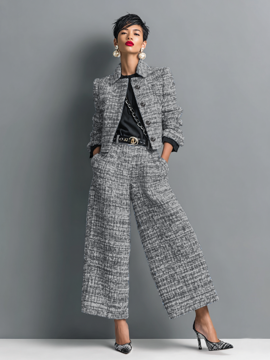 Model im grau melierten Bouclé-Hosenanzug aus kurzer Jacke und weiter Culotte, kombiniert mit schwarzem Oberteil, Gürtel und Pumps. 1