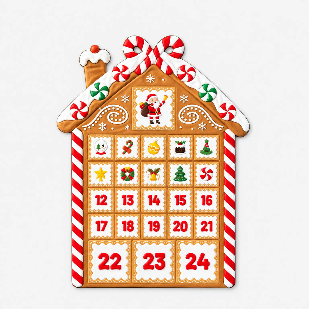 Der Adventskalender in Lebkuchenhaus-Form freigestellt auf hellem Hintergrund, mit Zuckerstangen-Dach, Zuckerguss-Verzierung und einigen Türchen bereits mit Mot 2