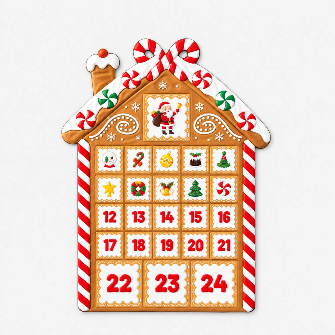 Der Adventskalender in Lebkuchenhaus-Form freigestellt auf hellem Hintergrund, mit Zuckerstangen-Dach, Zuckerguss-Verzierung und einigen Türchen bereits mit Mot 2
