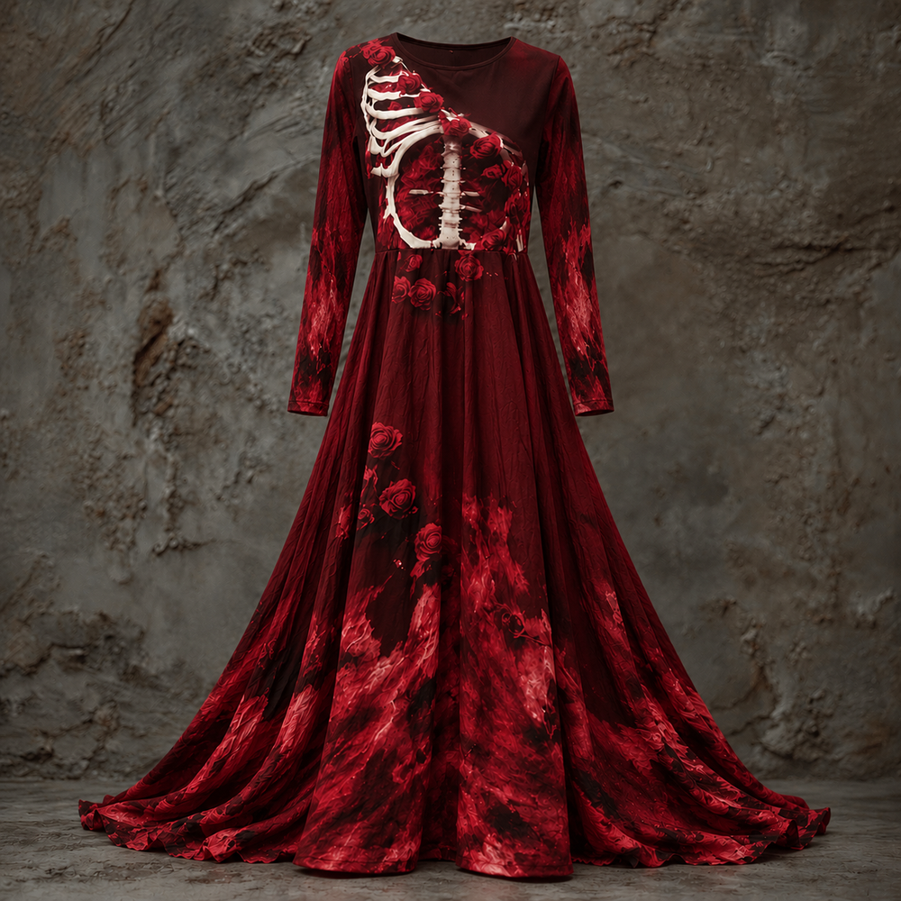Dunkelrotes Maxikleid mit weißem Skelett-Brustkorb und Rosenmuster, Rock mit rot marmorierten Verläufen, vor einer Betonwand. 2