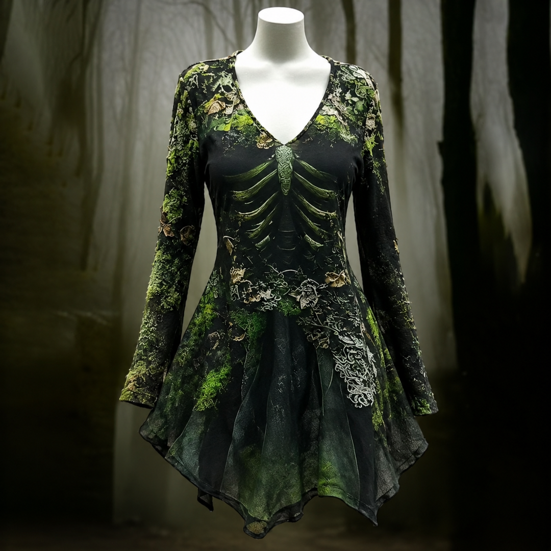 Schwarzes Minikleid mit V-Ausschnitt, langen Ärmeln und zipfeligem Saum, auf einer Büste vor nebligem Waldhintergrund; Moos- und Rippenmotiv in Grün. 1