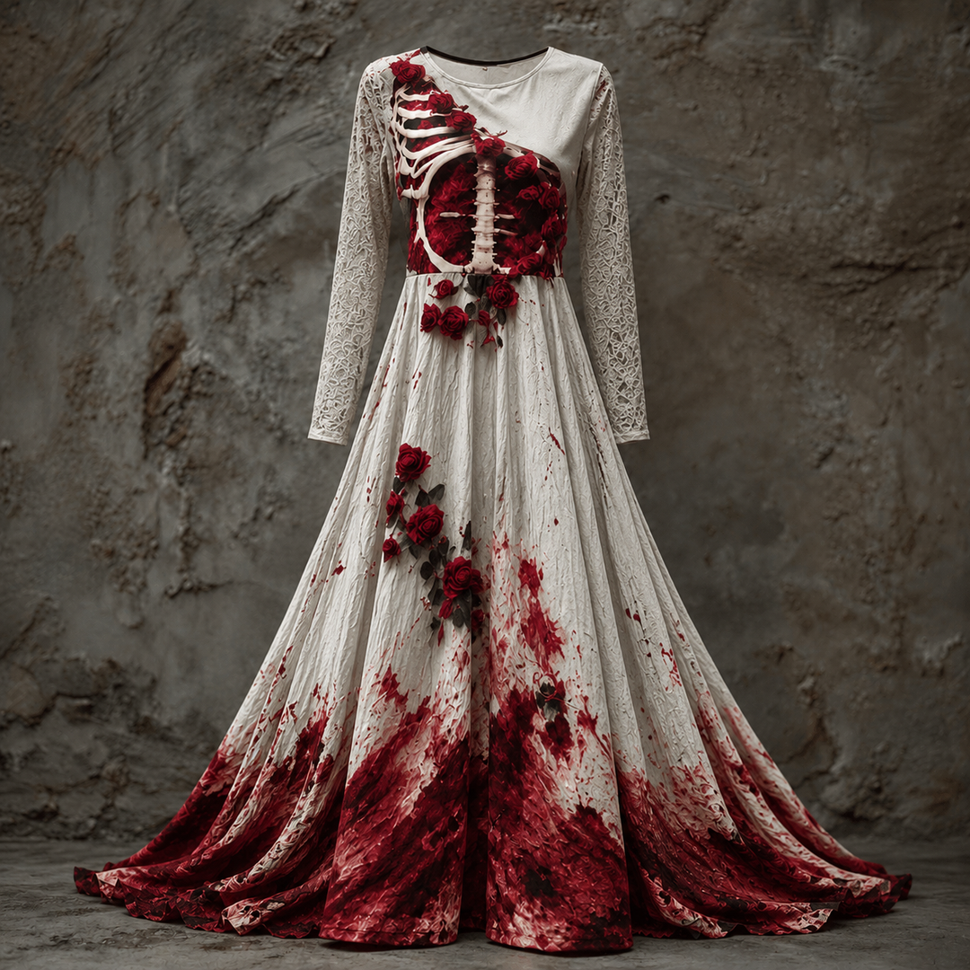 Weißes Maxikleid mit Spitzenärmeln, Skelett-Brustkorb mit roten Rosen und rot gespritztem Saum, vor einer Steinwand. 5