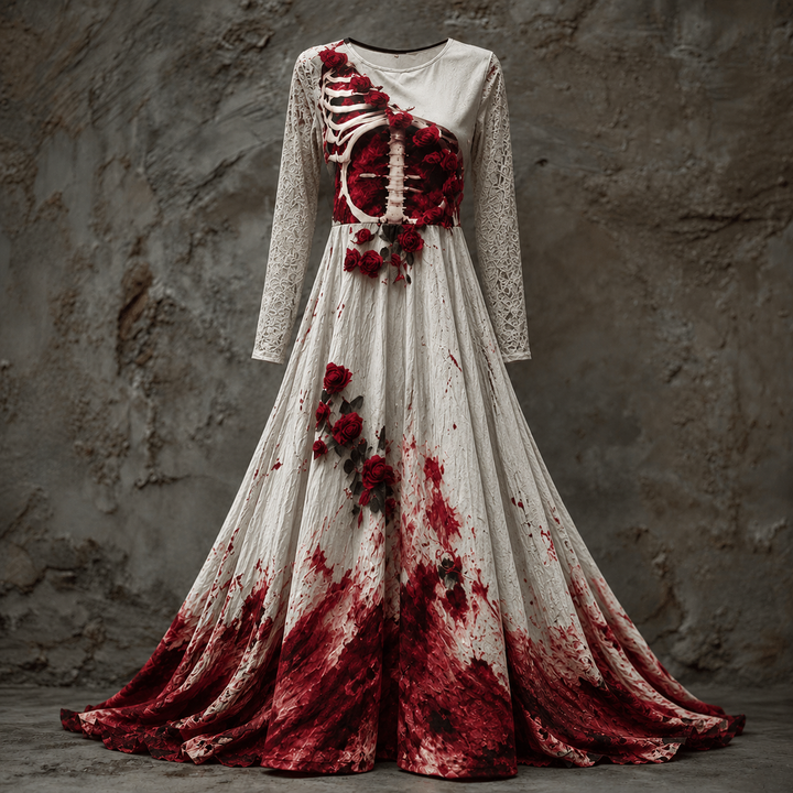 Weißes Maxikleid mit Spitzenärmeln, Skelett-Brustkorb mit roten Rosen und rot gespritztem Saum, vor einer Steinwand. 5