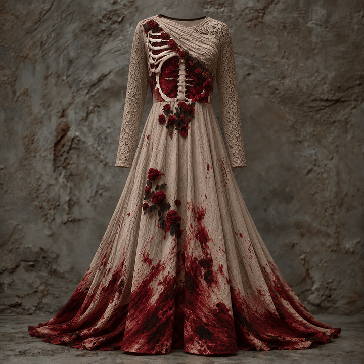 Beigefarbenes Maxikleid mit Spitzenärmeln, drapiertem Schulterbereich, Skelett-Oberteil, roten Rosen und Blutspritzern am Rock. 4