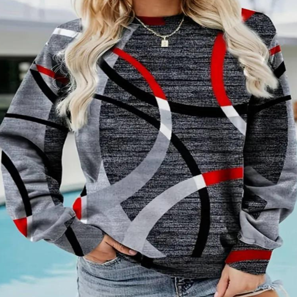 Grauer Damenpullover mit abstraktem Muster, Rot-Schwarz-Akzente, lässiger Stil, Baumwolle.