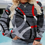 Grauer Damenpullover mit abstraktem Muster, Rot-Schwarz-Akzente, lässiger Stil, Baumwolle.