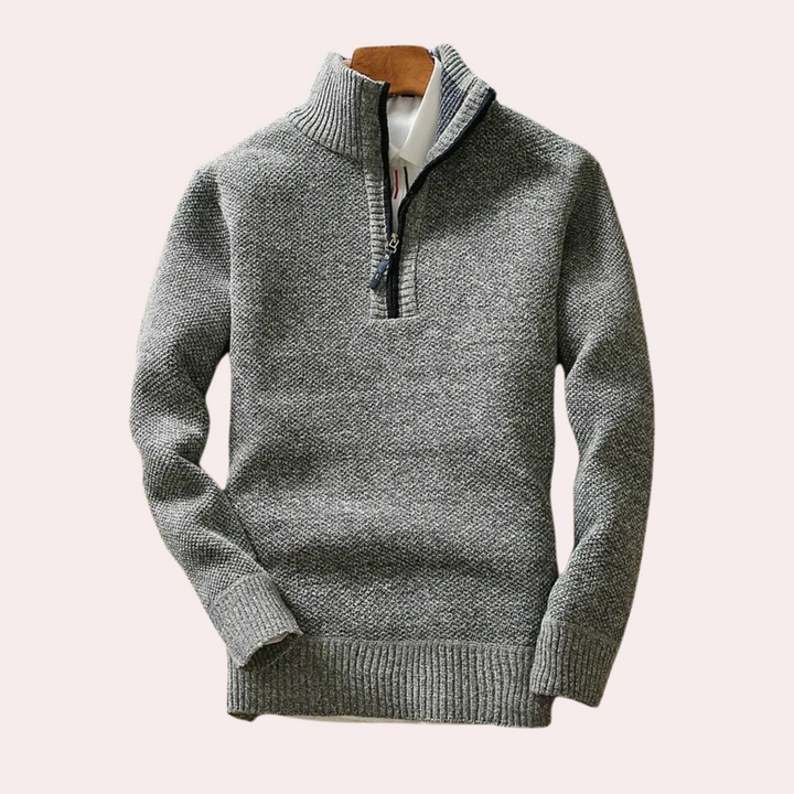 Grauer Herrenpullover mit Reißverschluss, Strick, warm, modisch, Wintermode, bequem.