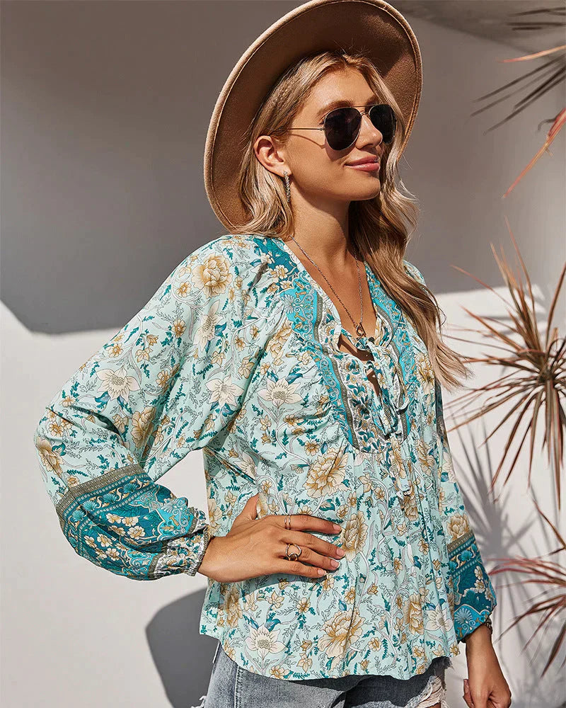 Vintage boheme sommerbluse med blomsterprint og lange ærmer – Sana
