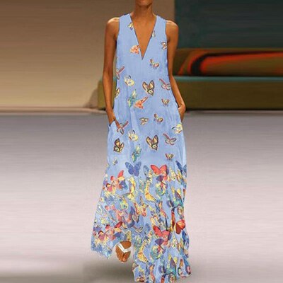 Vestido maxi de verano sin mangas a la moda con estampado de mariposas – Malia