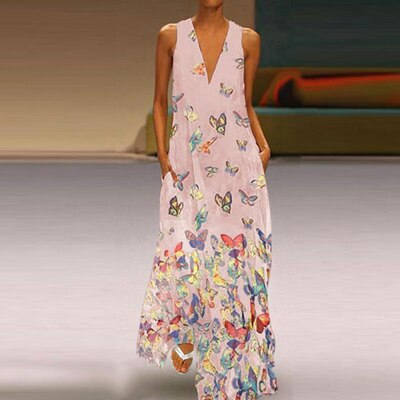 Vestido maxi de verano sin mangas a la moda con estampado de mariposas – Malia