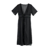 Long beach dress with lace accents and bow closure – Elara
