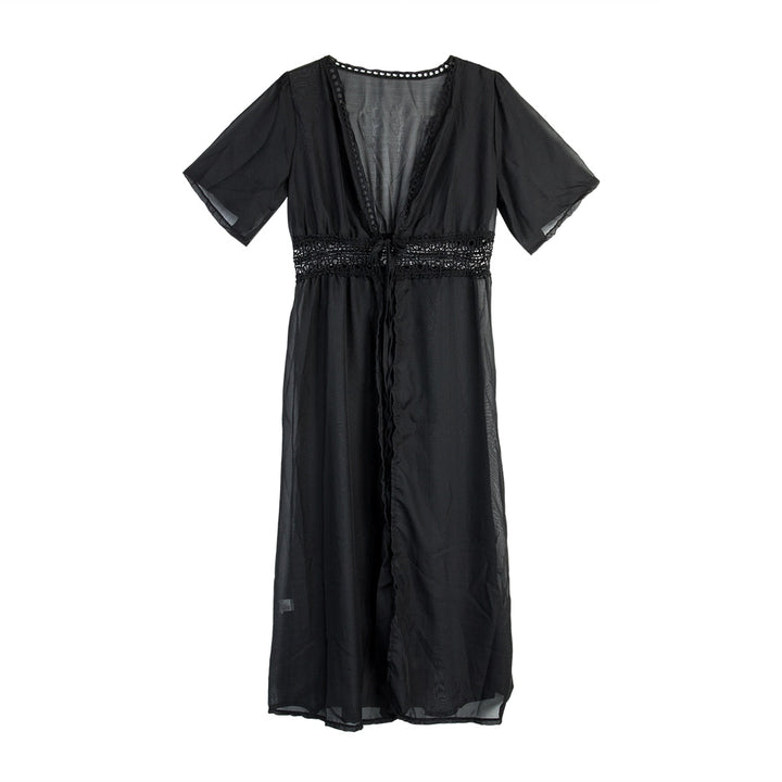 Long beach dress with lace accents and bow closure – Elara