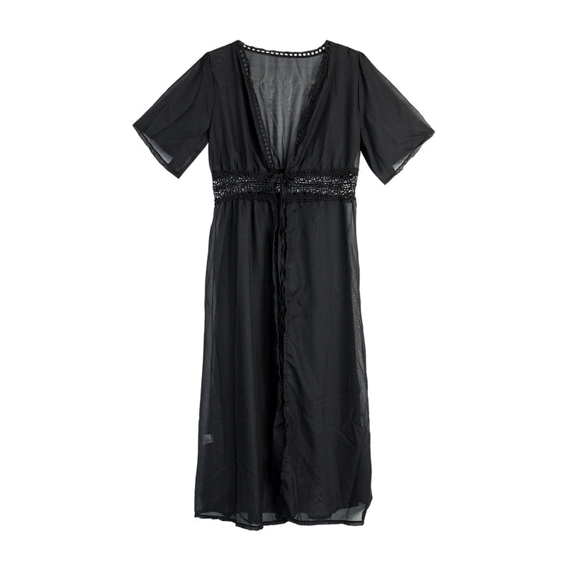 Long beach dress with lace accents and bow closure – Elara