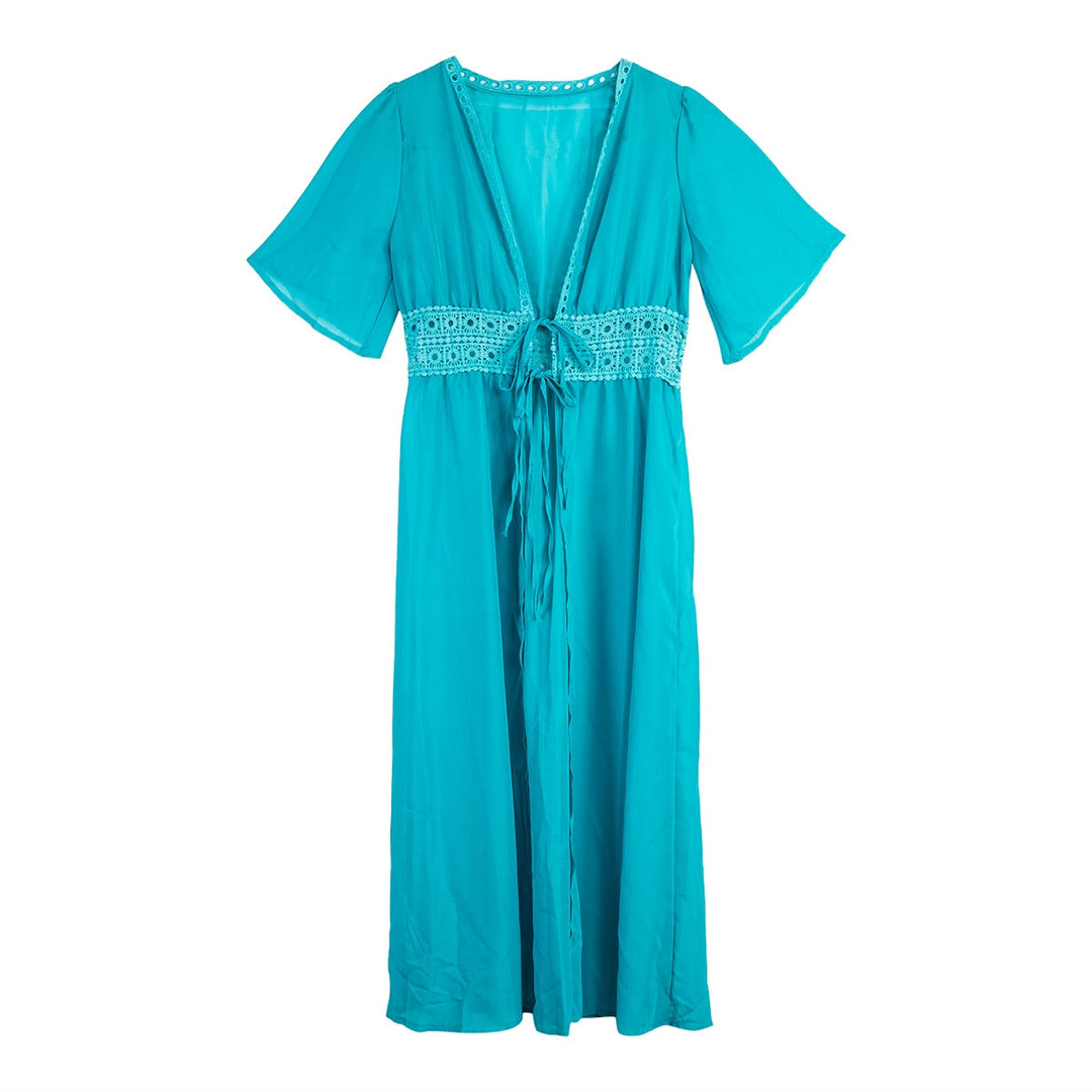 Long beach dress with lace accents and bow closure – Elara