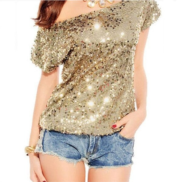 Camiseta de hombros a la moda con lentejuelas para noches de verano - GlamGlanz