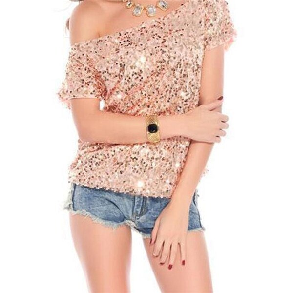 Camiseta de hombros a la moda con lentejuelas para noches de verano - GlamGlanz