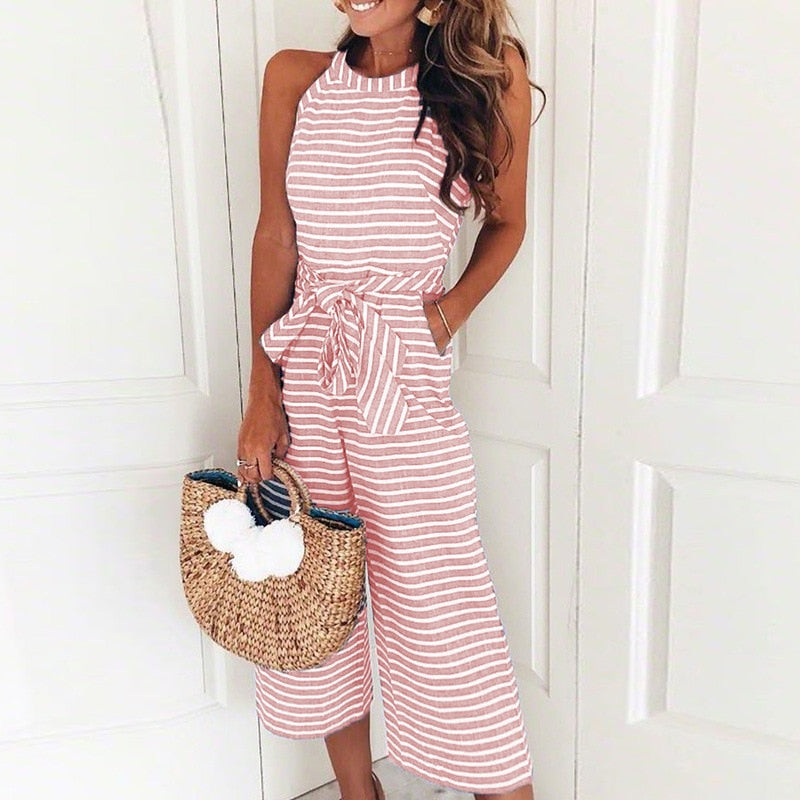 Stripete sommer-jumpsuit for damer med vide ben og V-hals – Alina