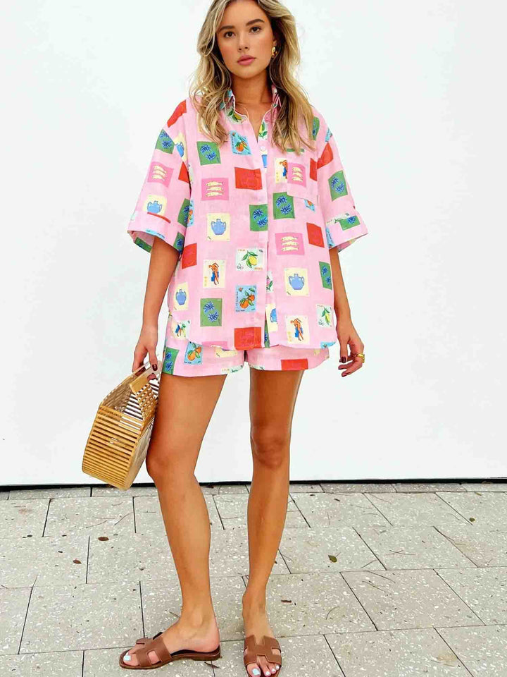 Trendy summer combo of colorful blouse and shorts - SonneSet