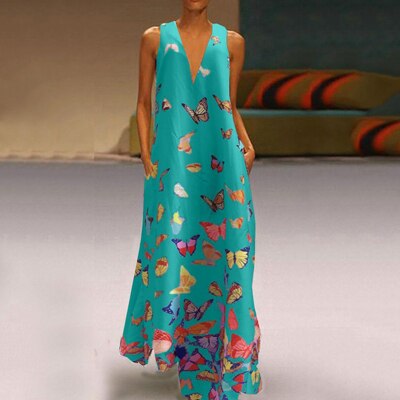 Vestido maxi de verano sin mangas a la moda con estampado de mariposas – Malia