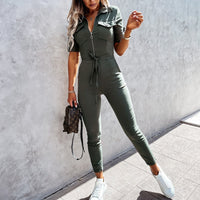 Short-sleeved and figure-hugging cargo jumpsuit for women – Malina