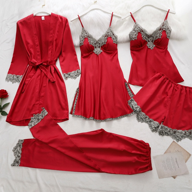 Satin Sleep Set for Women 5-piece with Lace – Amara