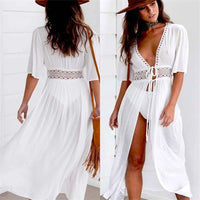 Long beach dress with lace accents and bow closure – Elara