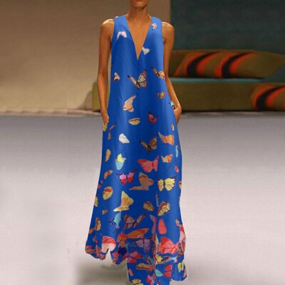 Vestido maxi de verano sin mangas a la moda con estampado de mariposas – Malia
