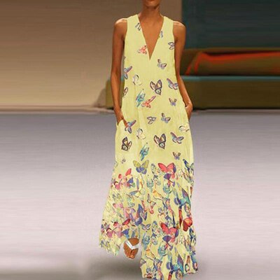 Vestido maxi de verano sin mangas a la moda con estampado de mariposas – Malia