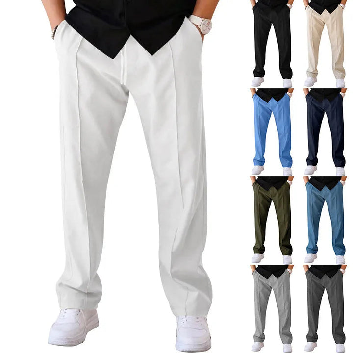 Große Ansicht der weißen Hose am Model mit schwarzem Hemd, daneben acht kleine Bilder der weiteren Farbvarianten. 6