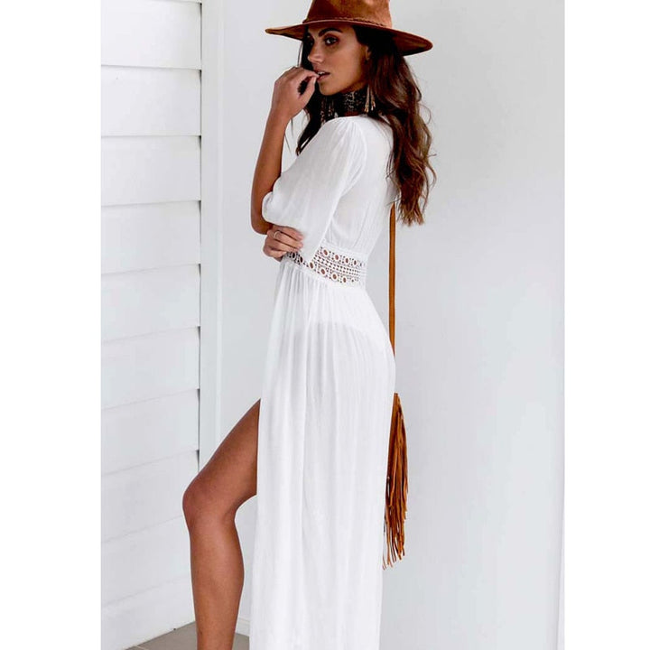 Long beach dress with lace accents and bow closure – Elara