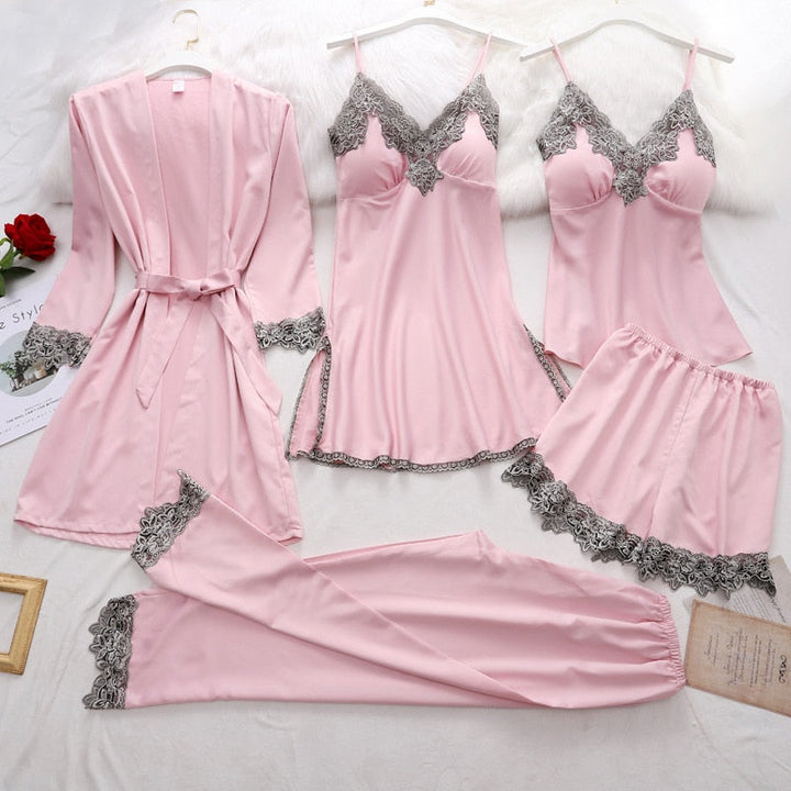Satin Sleep Set for Women 5-piece with Lace – Amara