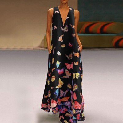 Vestido maxi de verano sin mangas a la moda con estampado de mariposas – Malia