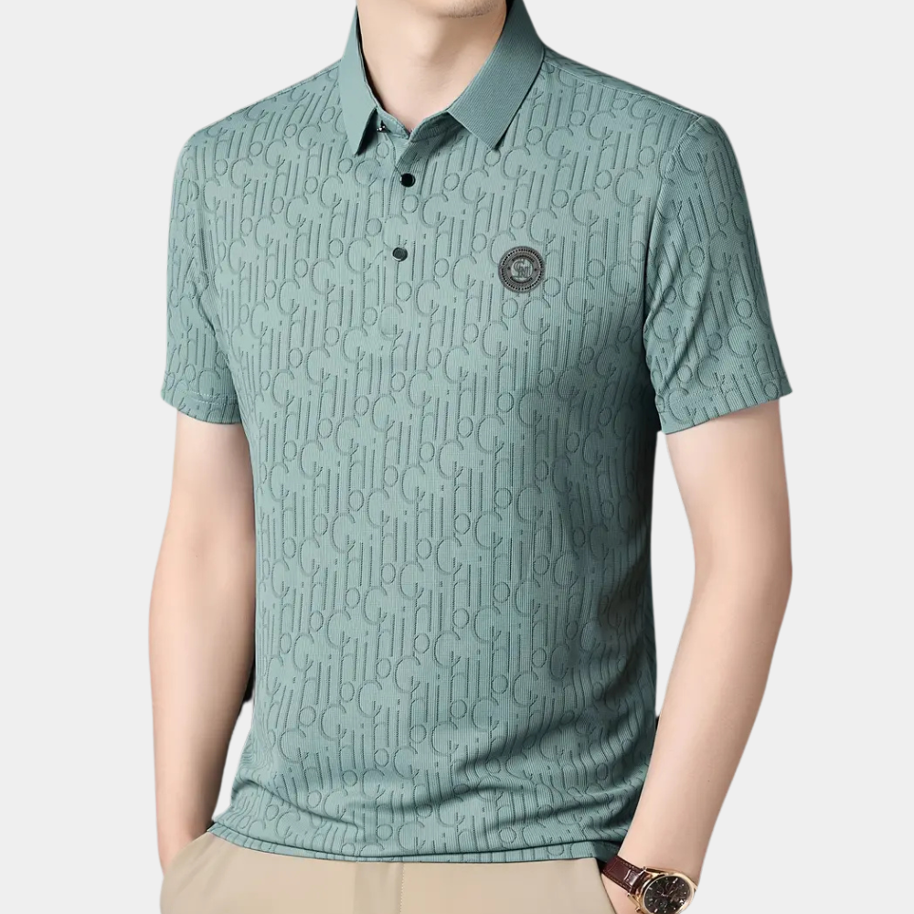 Grünes Herren-Poloshirt mit Muster, Kurzarm, Baumwolle, Freizeitmode.
