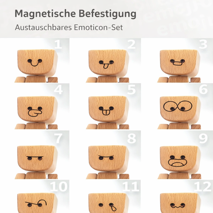 Raster mit zwölf nummerierten, austauschbaren Gesichtern der Holzfigur in verschiedenen Ausdrücken, darüber der Hinweis auf magnetische Befestigung. 6