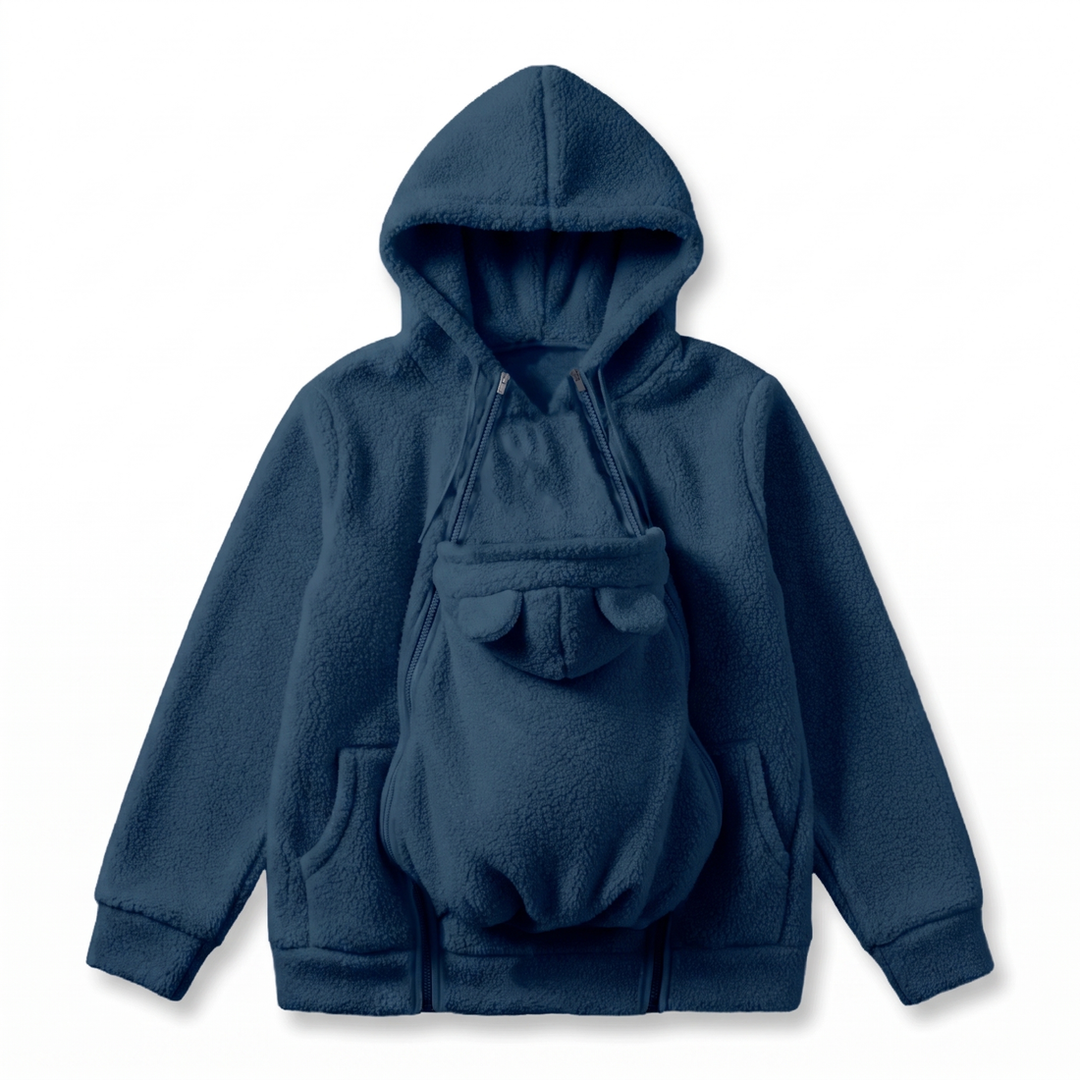 Hoodie in Marineblau als Flat Lay, mit eingezipptem Babytrageeinsatz mit Bärenöhrchen, zwei Taschen und Reißverschlüssen an der Front. 10