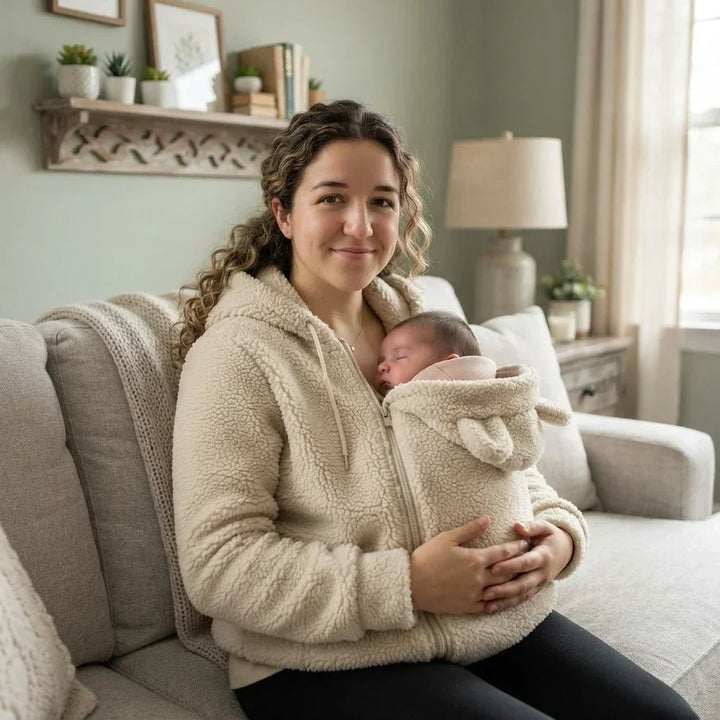 Lächelnde Frau im beigen Sherpa-Hoodie sitzt im Wohnzimmer auf dem Sofa und hält ihr schlafendes Baby im Einsatz mit Bärenöhrchen. 7