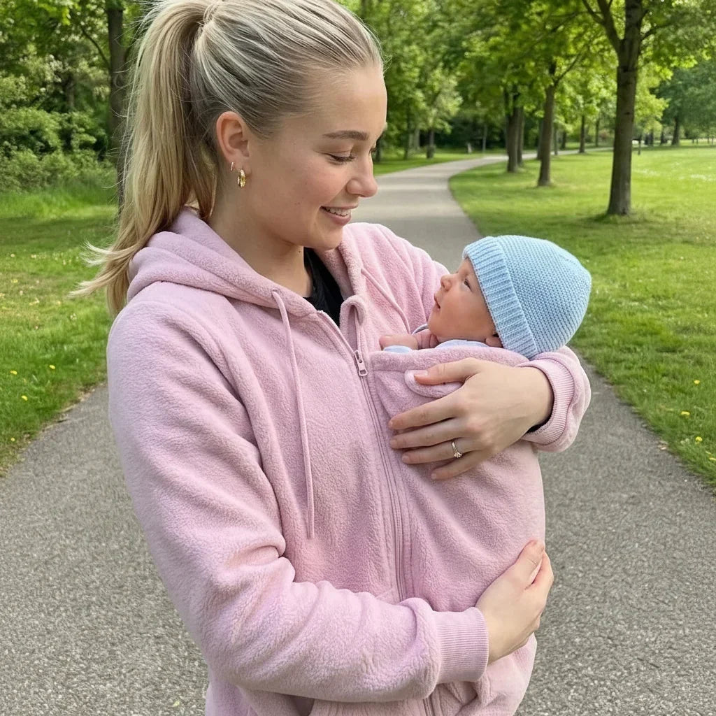 Frau in rosa Fleece-Hoodie hält ein Baby mit hellblauer Mütze im Trageeinsatz, Spaziergang auf einem Parkweg. 4