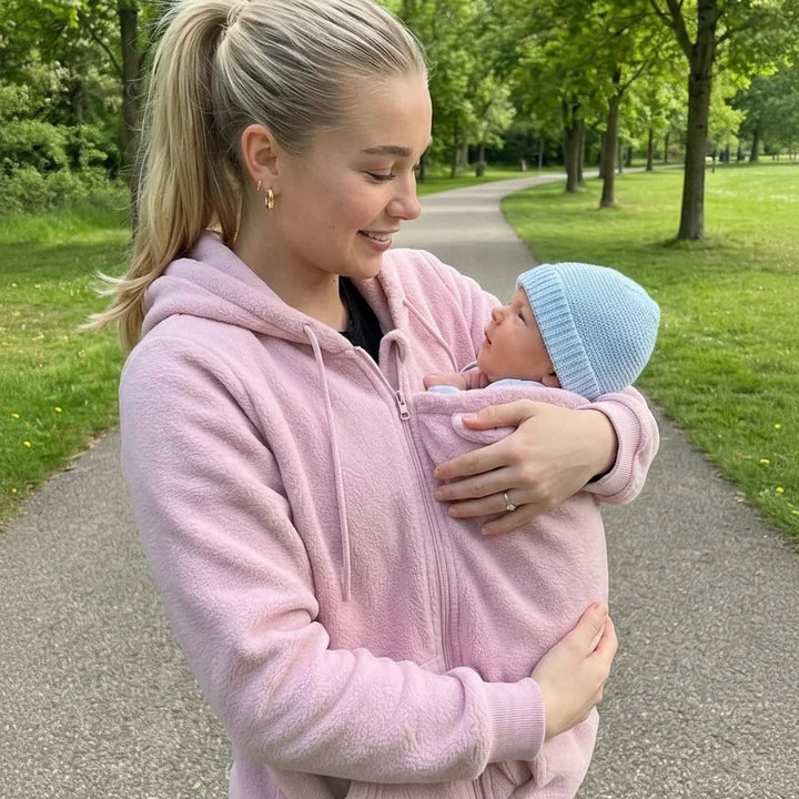 Frau in rosa Fleece-Hoodie hält ein Baby mit hellblauer Mütze im Trageeinsatz, Spaziergang auf einem Parkweg. 4