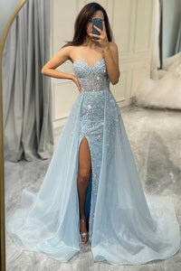 Sparkling Light Blue A-Line Corset Ball Gown with Slit - Sophia