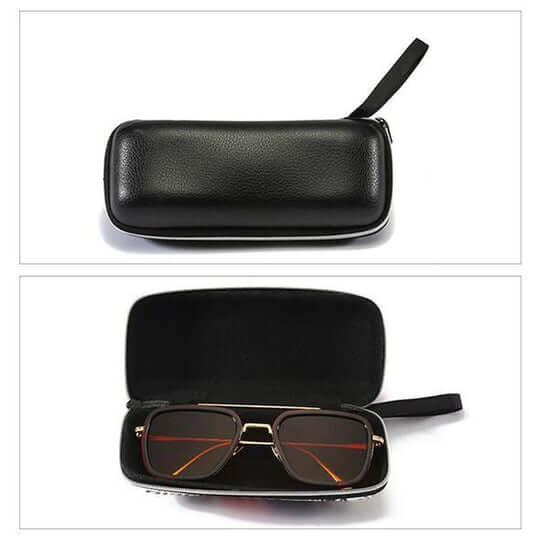 Schwarzes Reißverschluss-Etui mit Schlaufe, geschlossen und geöffnet, darin eine Sonnenbrille mit Doppelsteg 9