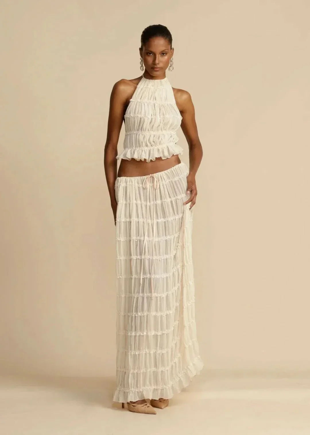 Conjunto de verano de dos piezas para mujer con falda bohemia y top sin hombros – Alina