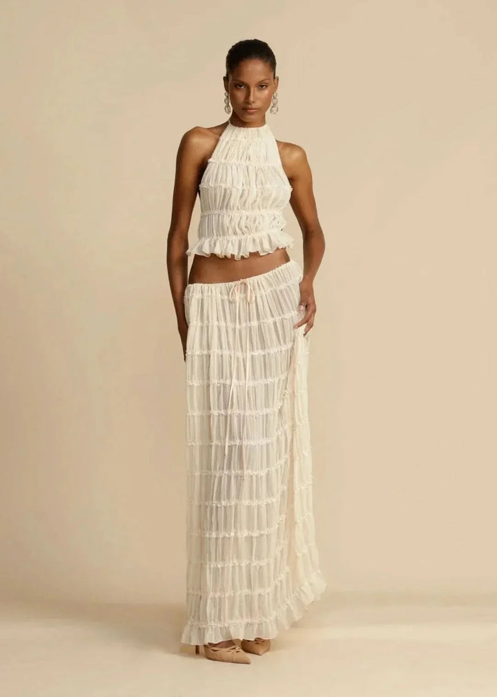 Conjunto de verano de dos piezas para mujer con falda bohemia y top sin hombros – Alina