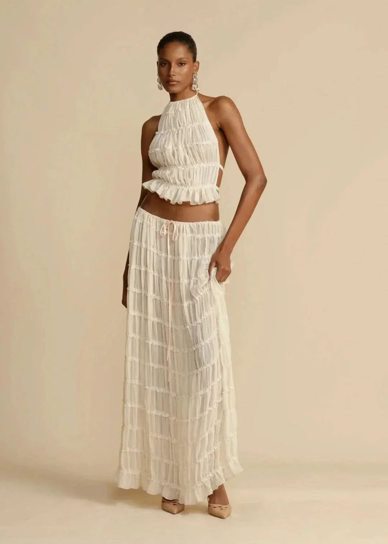 Conjunto de verano de dos piezas para mujer con falda bohemia y top sin hombros – Alina