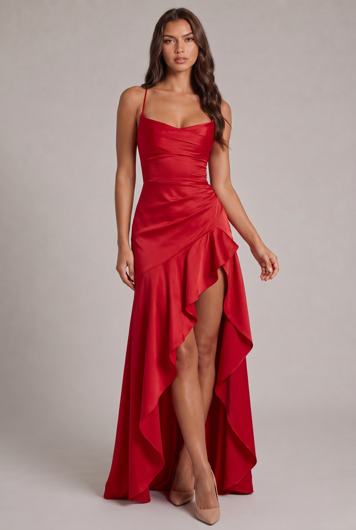 Rotes Satin-Maxikleid mit Spaghettiträgern, Wasserfallausschnitt und Volant mit hohem Schlitz, frontal getragen mit nudefarbenen Pumps. 13