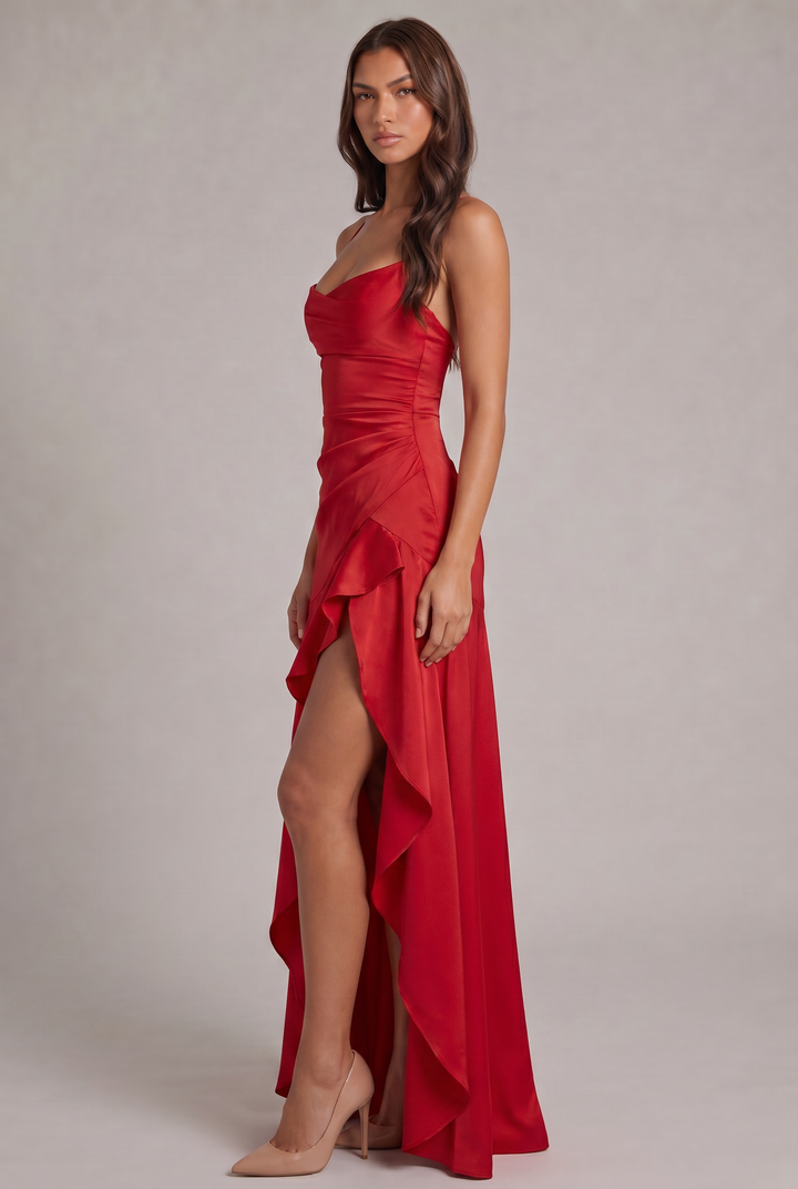 Rotes Maxikleid in Seitenansicht mit seitlicher Raffung, hohem Beinschlitz und fließendem Volant, getragen mit nudefarbenen Pumps. 15